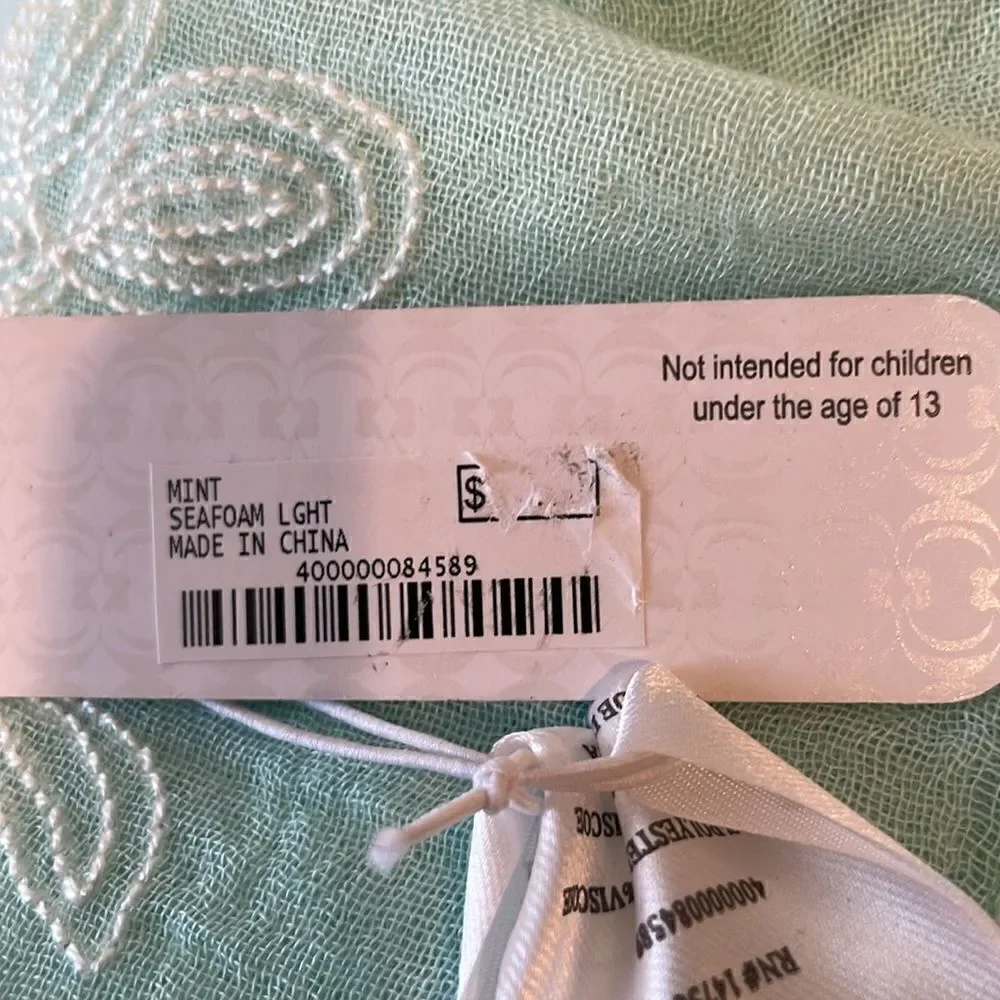 NWT Scarf mint seafoam color white embroidery